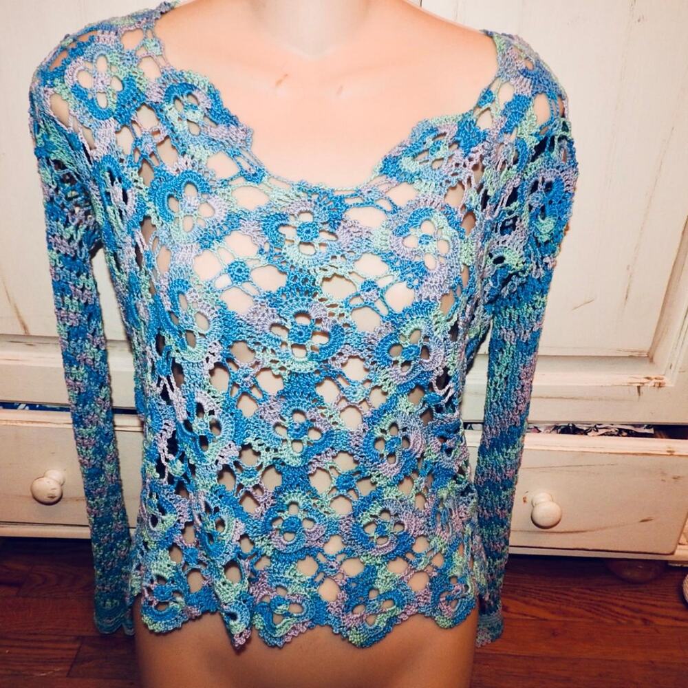 VINTAGE 90's Y2K CROCHET PASTEL COTTON SWEATER GORGEOUS MERMAID COLORS!